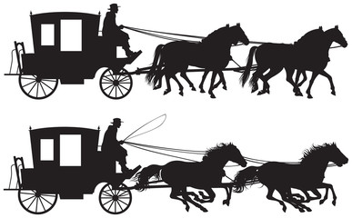 Carriage drawn by four horse’s silhouettes, four-in-hand horse-drawn traveling carriage realistic vector illustration