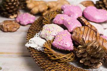 Christmas spicy cookies - colorful shaped cookies  on golden plate