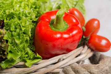 Variety of green and red fresh lettuce salad leaves, red paprika
