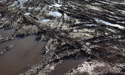 Mud and puddles on the dirt road