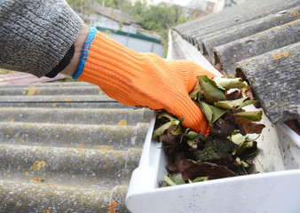 Rain Gutter Cleaning from Leaves in Autumn with hand. Roof Gutter Cleaning Tips. Clean Your Gutters...