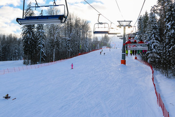 Ski resort Silichi. 40 kilometers away from Minsk. Skiing and snowboarding. Ski lift.