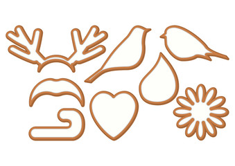 Set 1 of Christmas and New year gingerbread with glaze, cookies on white background