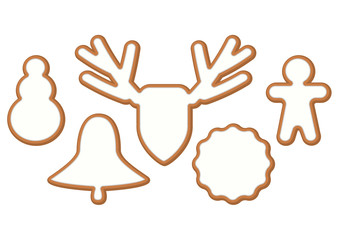 Set 2 of Christmas and New year gingerbread with glaze, cookies on white background