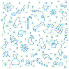 Christmas background with lots of Christmas items. Hand drawn ho