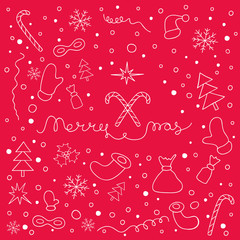 Christmas background with set of Christmas things and lettering