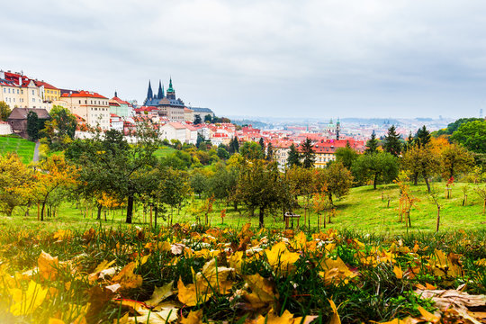 Autumn Panorama of the city of Prague and Prague Castle, Czech Republic