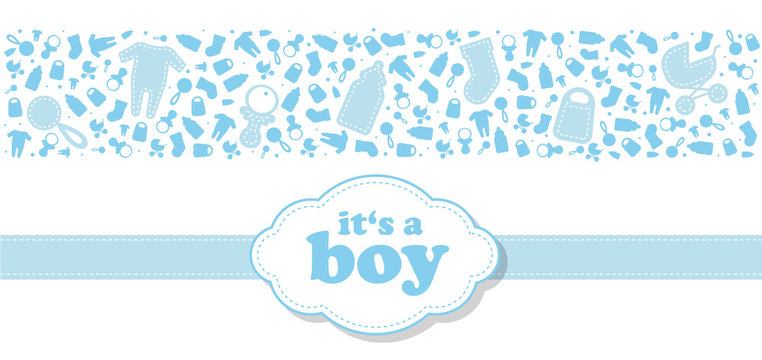 schöne und süße Karte zur Geburt für Jungs in blau mit Icons und Banderole