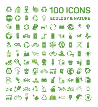 100 ecology & nature green icons set on white background. Vector