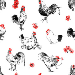 Seamless roosters and hens pattern with cherry blossom, oriental ink painting, isolated on white background. Year of rooster in Chinese horoscope. - 129116661