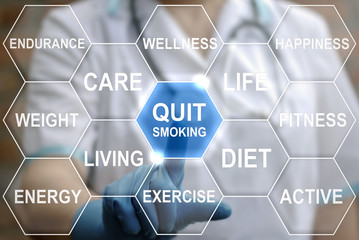 Quit Smoking word cloud, health concept. Doctor presses stop cigarette smoking button on virtual touch medical screen on background of cloud tag smoke. Medicine wellness healthcare.