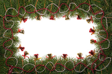 Fototapeta na wymiar Christmas frame made of fir branches decorated with beads and bells isolated on white background