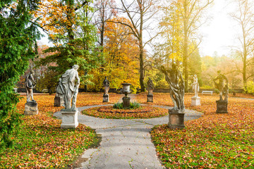 Beautiful romantic alley in a park with colorful trees and sunlight. autumn natural background