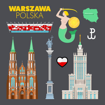 Warsaw Poland Travel Doodle with Warsaw Architecture, Mermaid Symbol and Flag. Vector illustration