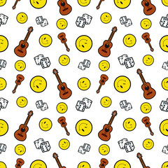 Naklejka premium Fashion Seamless Comic Style Background with Smile, Guitar and Dice. Vector Retro Pattern