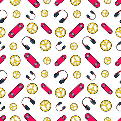 Fashion Seamless Comic Style Background with Skateboard, Headphones and Sign Peace. Vector Retro Pattern