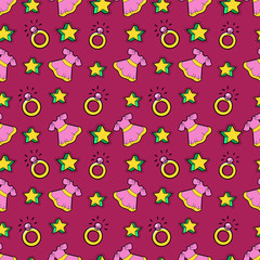 Little Girl Princess Seamless Background with Pink Dress, Stars and Rings. Vector Pattern