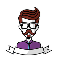man face with mustache and glasses and decorative ribbon over white background. hispter style concept. colorful design. vector illustration
