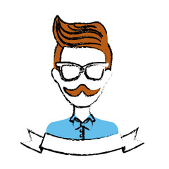 Obraz premium man face with mustache and glasses and decorative ribbon over white background. hispter style concept. colorful design. vector illustration