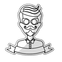 sticker of man face with mustache and glasses and decorative ribbon over white background. hispter style concept. vector illustration