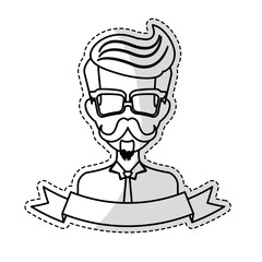 sticker of man face with mustache and glasses and decorative ribbon over white background. hispter style concept. vector illustration