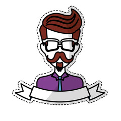 sticker of man face with mustache and glasses and decorative ribbon over white background. hispter style concept. vector illustration