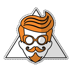 sticker of man face with mustache and glasses over triangular frame and white background. hispter style concept. colorful design. vector illustration