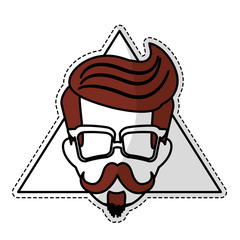 sticker of man face with mustache and glasses over triangular frame and white background. hispter style concept. colorful design. vector illustration