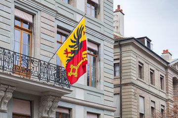 Geneva city, Switzerland.  Flag with coat of arms