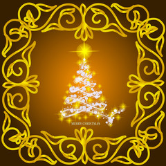Abstract waves background with christmas tree. Illustration in gold and white colors.