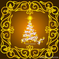 Abstract waves background with christmas tree. Vector illustration in gold and white colors.