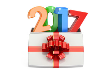 Gift Box with colored 2017, New Year and Xmas concept. 3D render