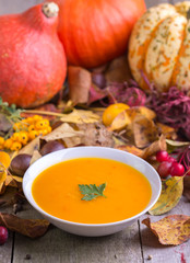 Autumn pumpkin soup with colorful background.