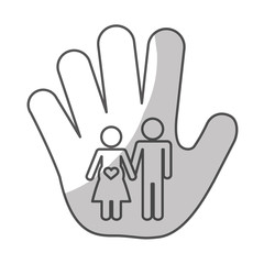 hand shape with happy couple  over white background. pictogram design. vector illustration