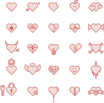 Conceptual Red Hearts filled line icons