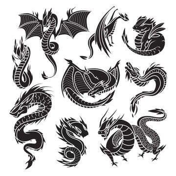 Chinese dragon silhouettes on white background.
