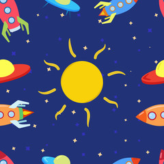 Pattern for children with space, rockets, Sun, stars and UFO. Made in cartoon vector style.