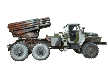 Multiple launch rocket system on white background