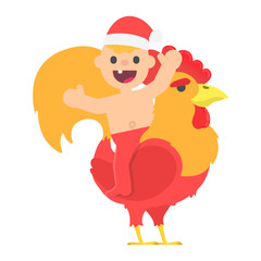 Cartoon happy baby boy in christmas santa hat, sitting on christmas cock. Vector kid in flat style illustration isolated on white background.