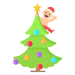 Cartoon happy baby boy in christmas santa hat, climbed the Christmas tree. Vector kid in flat style illustration isolated on white background.