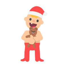 Cartoon happy baby boy in christmas santa hat, with toy Teddy bear. Vector kid in flat style illustration isolated on white background.
