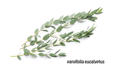 Green eucalyptus branches with name on white background