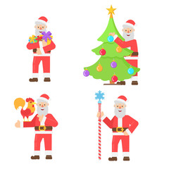 Set with santa in different christmas poses in flat style.