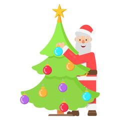 Funny christmas character santa , near Christmas tree hanging toys in flat style. Vector christmas cheerful santa claus for web.