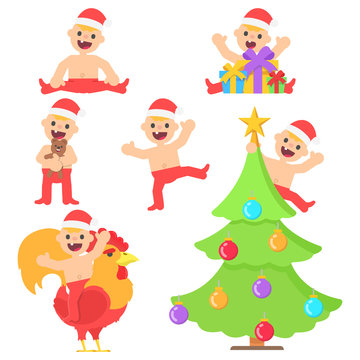 Set with cartoon happy baby boy in christmas santa hat in different poses. Vector kid in flat style illustration isolated on white background.