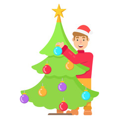 Funny christmas character in santa hat, near Christmas tree hanging toys in flat style. Vector christmas cheerful man for web.