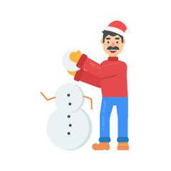 Funny christmas young character with mustache and in santa hat, making snowman in flat style. Vector christmas cheerful man for web.