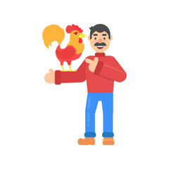 Funny christmas character with mustache, with cock in hand in flat style. Vector christmas cheerful man for web.
