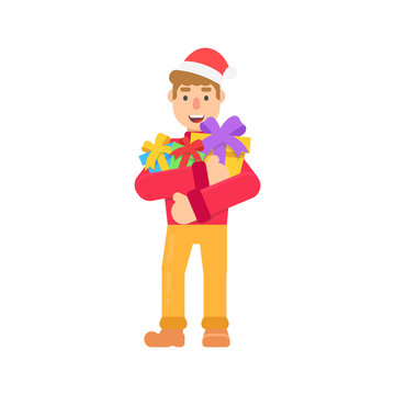 Funny christmas character in santa hat, with Christmas gifts in flat style. Vector christmas cheerful man for web.