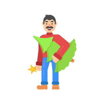 Funny christmas character with mustache, bought a Christmas tree in flat style. Vector christmas cheerful man for web.